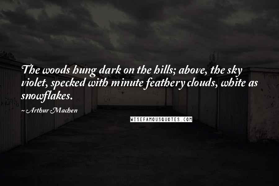 Arthur Machen Quotes: The woods hung dark on the hills; above, the sky violet, specked with minute feathery clouds, white as snowflakes.