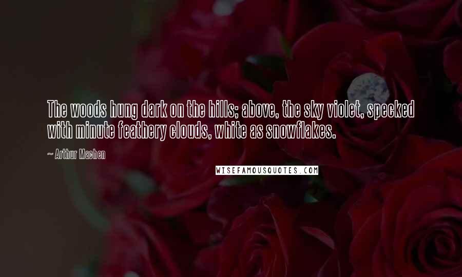 Arthur Machen Quotes: The woods hung dark on the hills; above, the sky violet, specked with minute feathery clouds, white as snowflakes.