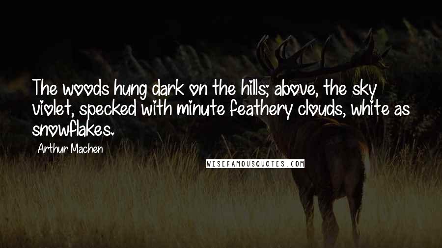 Arthur Machen Quotes: The woods hung dark on the hills; above, the sky violet, specked with minute feathery clouds, white as snowflakes.