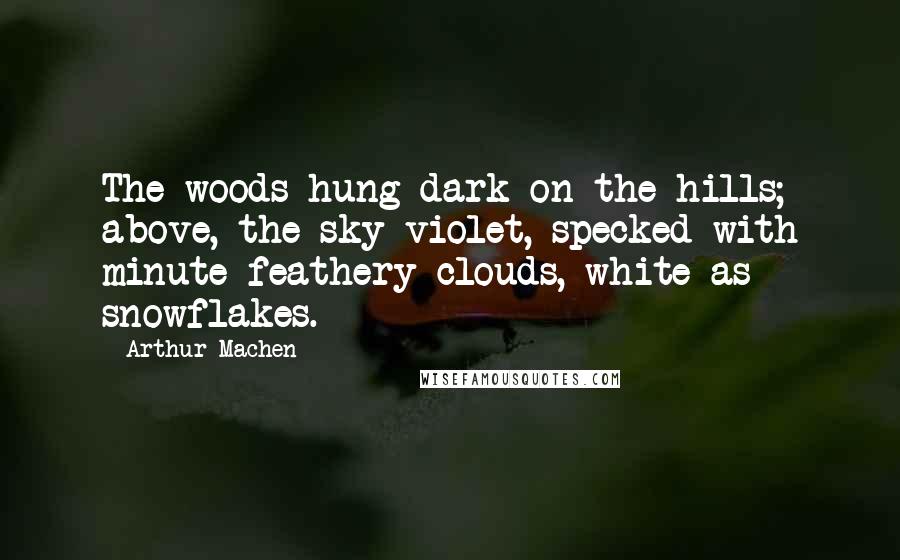 Arthur Machen Quotes: The woods hung dark on the hills; above, the sky violet, specked with minute feathery clouds, white as snowflakes.