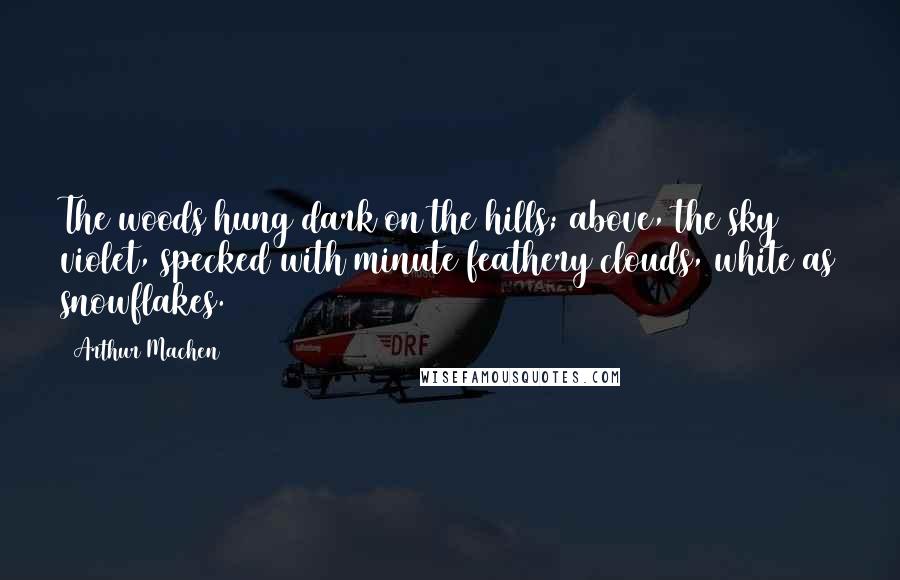 Arthur Machen Quotes: The woods hung dark on the hills; above, the sky violet, specked with minute feathery clouds, white as snowflakes.