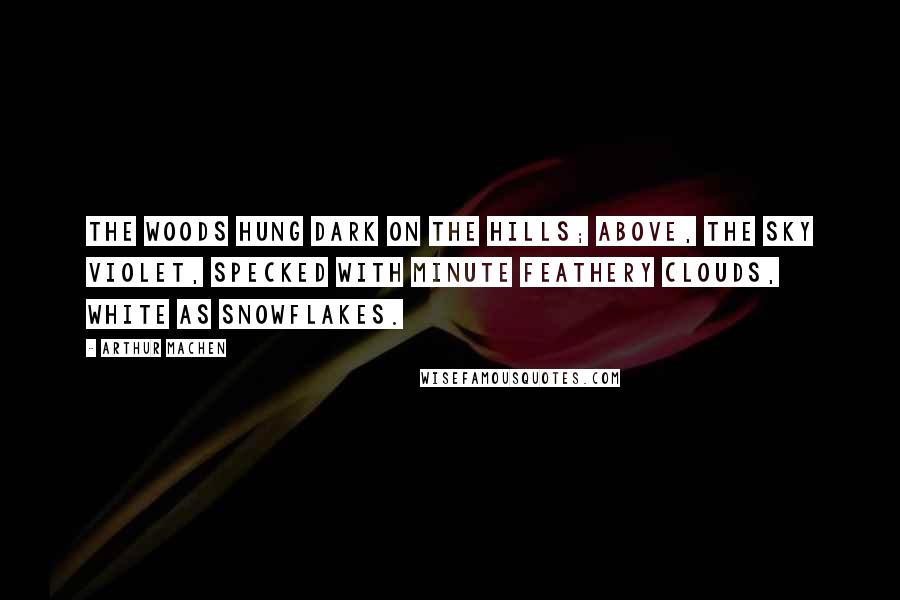 Arthur Machen Quotes: The woods hung dark on the hills; above, the sky violet, specked with minute feathery clouds, white as snowflakes.