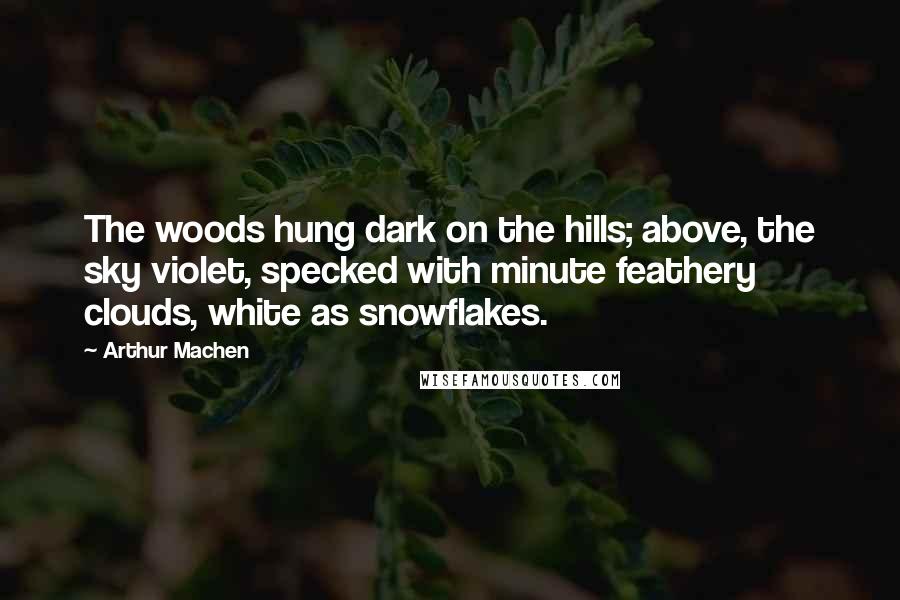 Arthur Machen Quotes: The woods hung dark on the hills; above, the sky violet, specked with minute feathery clouds, white as snowflakes.