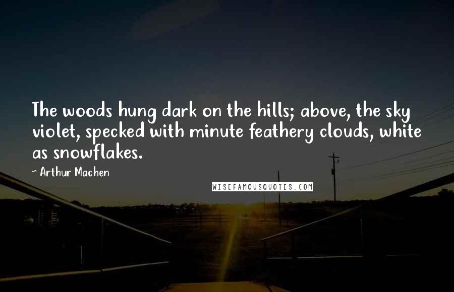 Arthur Machen Quotes: The woods hung dark on the hills; above, the sky violet, specked with minute feathery clouds, white as snowflakes.