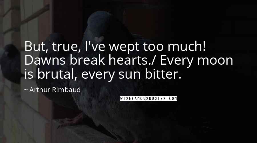 Arthur Rimbaud Quotes: But, true, I've wept too much! Dawns break hearts./ Every moon is brutal, every sun bitter.