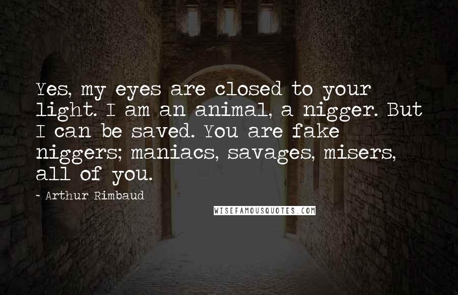 Arthur Rimbaud Quotes: Yes, my eyes are closed to your light. I am an animal, a nigger. But I can be saved. You are fake niggers; maniacs, savages, misers, all of you.