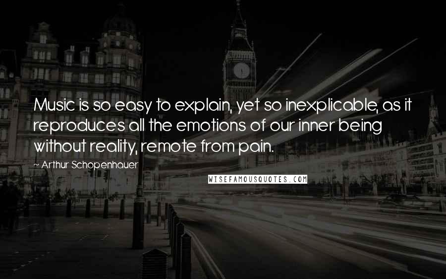 Arthur Schopenhauer Quotes: Music is so easy to explain, yet so inexplicable, as it reproduces all the emotions of our inner being without reality, remote from pain.
