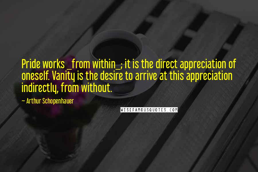 Arthur Schopenhauer Quotes: Pride works _from within_; it is the direct appreciation of oneself. Vanity is the desire to arrive at this appreciation indirectly, from without.