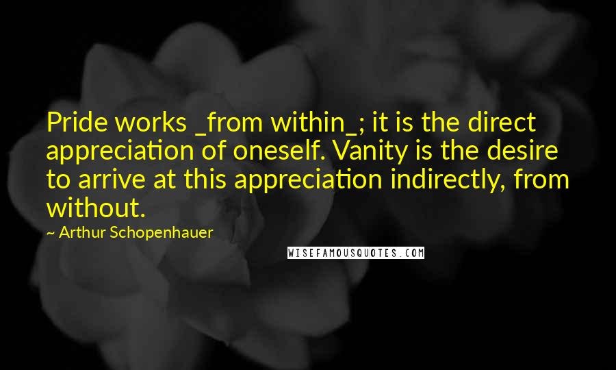 Arthur Schopenhauer Quotes: Pride works _from within_; it is the direct appreciation of oneself. Vanity is the desire to arrive at this appreciation indirectly, from without.
