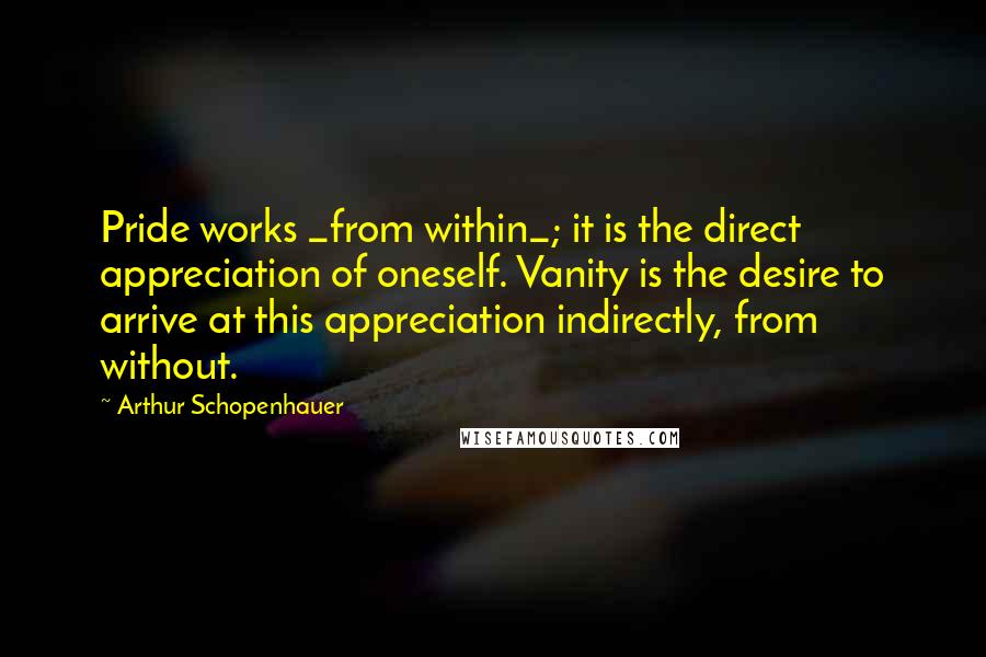 Arthur Schopenhauer Quotes: Pride works _from within_; it is the direct appreciation of oneself. Vanity is the desire to arrive at this appreciation indirectly, from without.