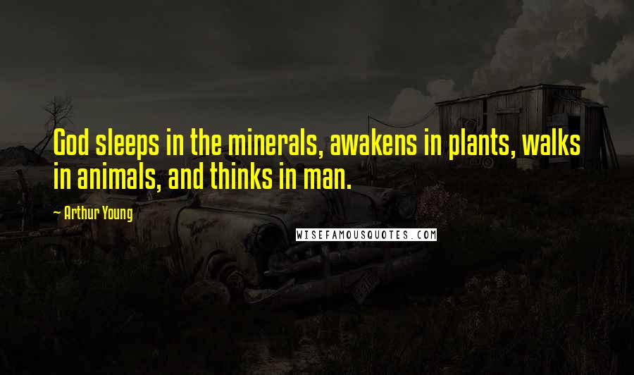 Arthur Young Quotes: God sleeps in the minerals, awakens in plants, walks in animals, and thinks in man.