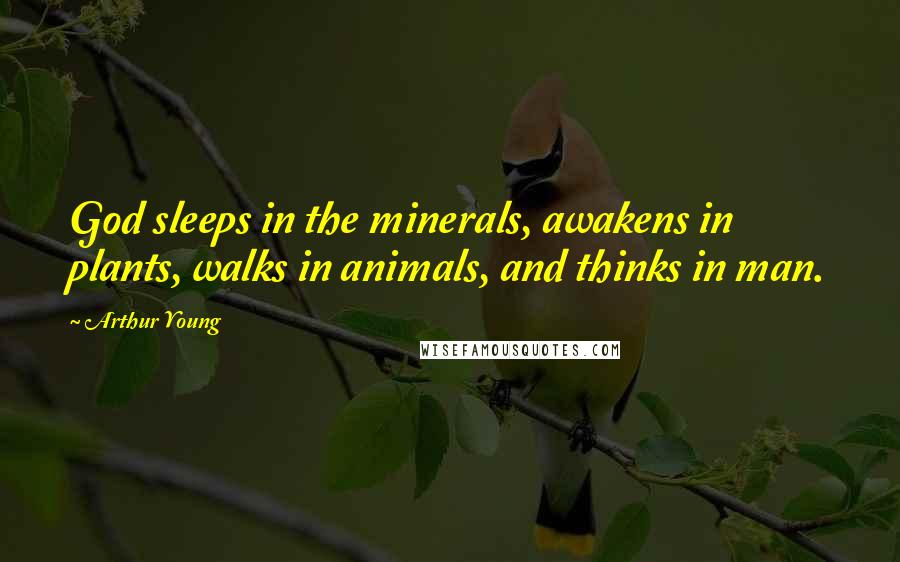 Arthur Young Quotes: God sleeps in the minerals, awakens in plants, walks in animals, and thinks in man.