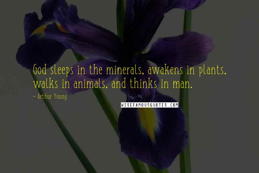 Arthur Young Quotes: God sleeps in the minerals, awakens in plants, walks in animals, and thinks in man.