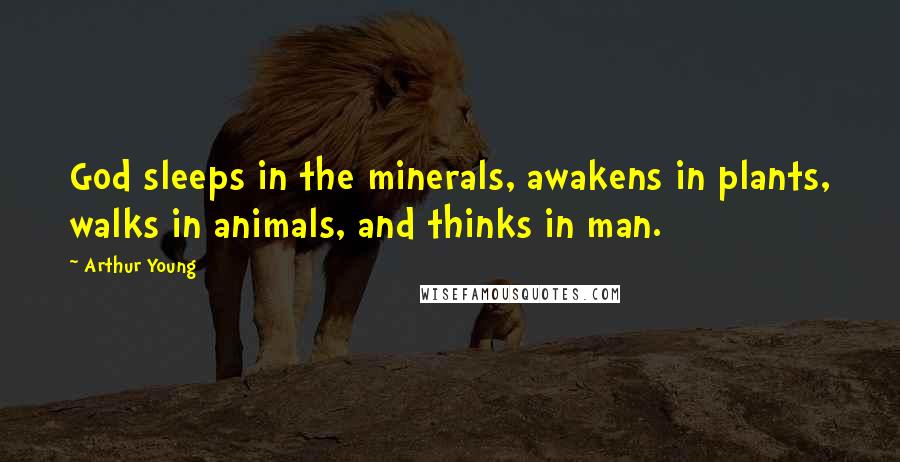 Arthur Young Quotes: God sleeps in the minerals, awakens in plants, walks in animals, and thinks in man.