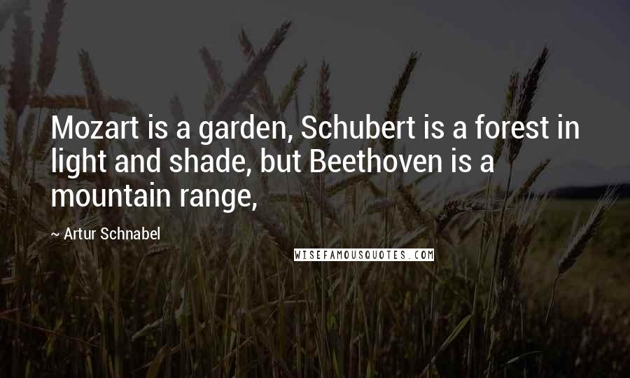 Artur Schnabel Quotes: Mozart is a garden, Schubert is a forest in light and shade, but Beethoven is a mountain range,