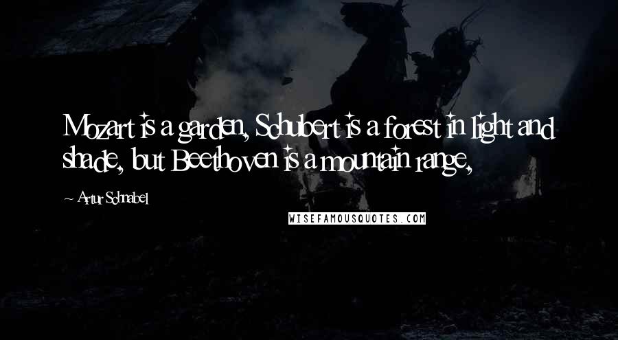 Artur Schnabel Quotes: Mozart is a garden, Schubert is a forest in light and shade, but Beethoven is a mountain range,