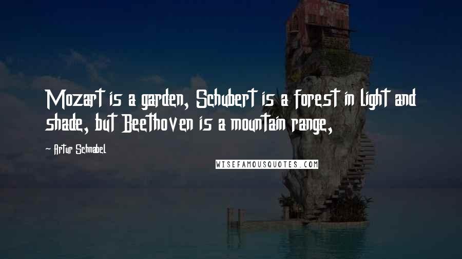 Artur Schnabel Quotes: Mozart is a garden, Schubert is a forest in light and shade, but Beethoven is a mountain range,