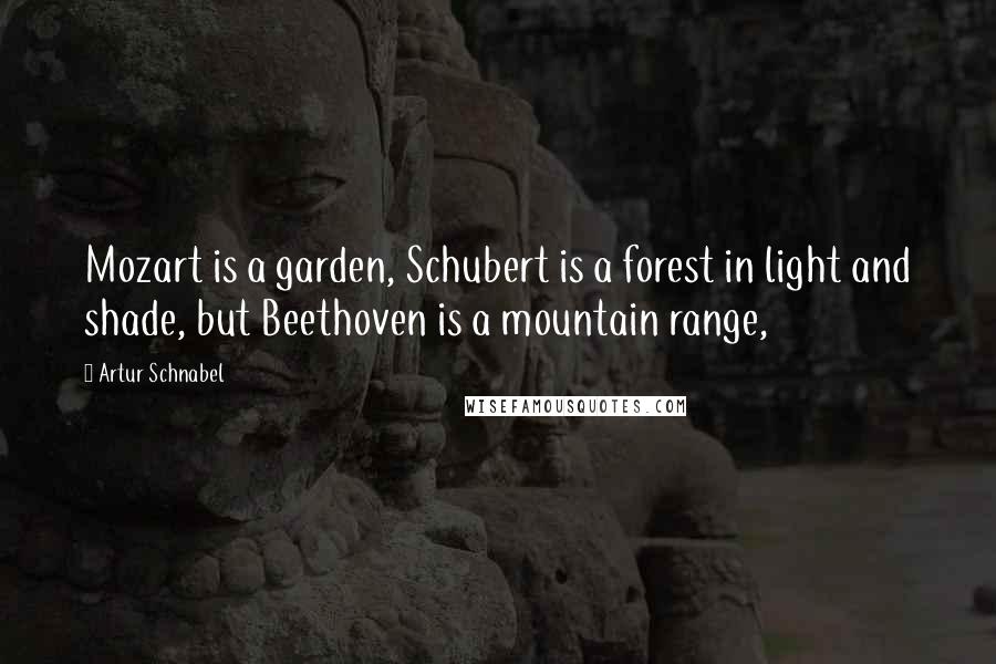 Artur Schnabel Quotes: Mozart is a garden, Schubert is a forest in light and shade, but Beethoven is a mountain range,