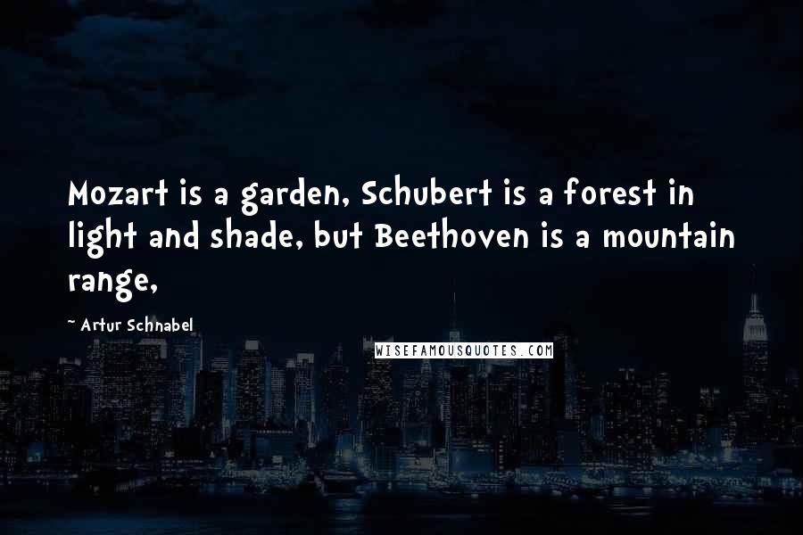 Artur Schnabel Quotes: Mozart is a garden, Schubert is a forest in light and shade, but Beethoven is a mountain range,