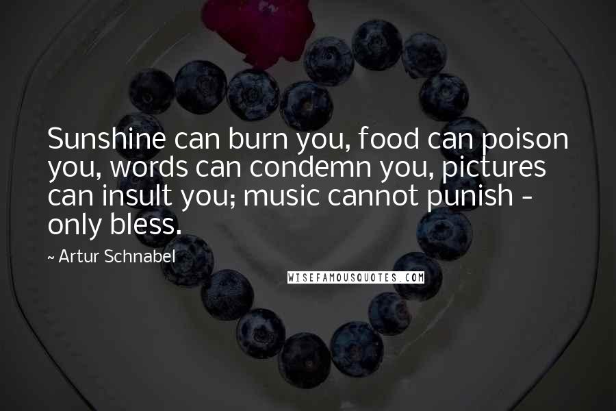 Artur Schnabel Quotes: Sunshine can burn you, food can poison you, words can condemn you, pictures can insult you; music cannot punish - only bless.
