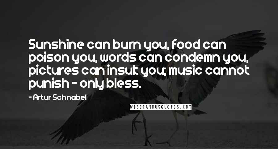 Artur Schnabel Quotes: Sunshine can burn you, food can poison you, words can condemn you, pictures can insult you; music cannot punish - only bless.