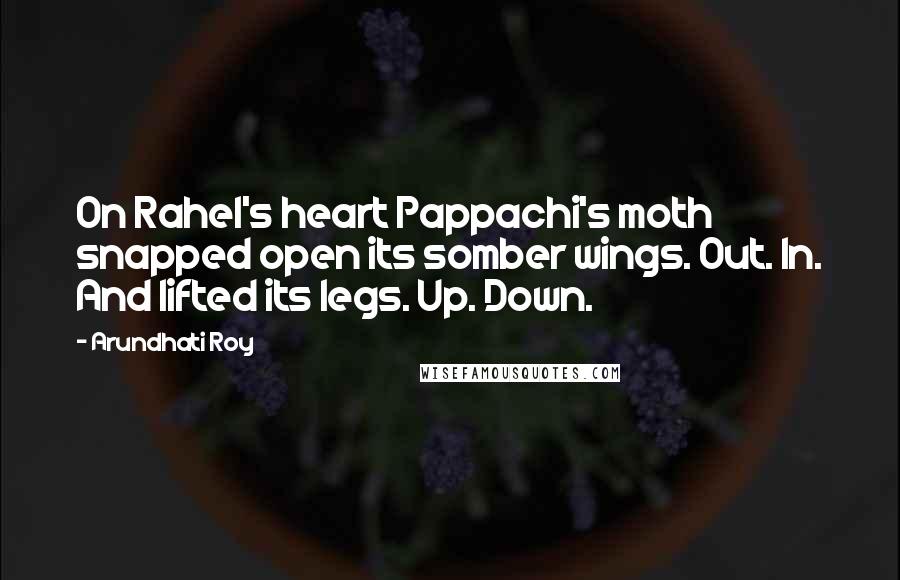 Arundhati Roy Quotes: On Rahel's heart Pappachi's moth snapped open its somber wings. Out. In. And lifted its legs. Up. Down.