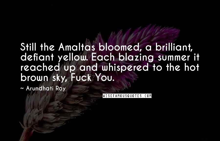 Arundhati Roy Quotes: Still the Amaltas bloomed, a brilliant, defiant yellow. Each blazing summer it reached up and whispered to the hot brown sky, Fuck You.