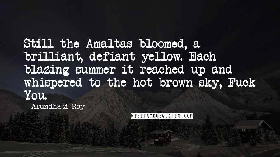 Arundhati Roy Quotes: Still the Amaltas bloomed, a brilliant, defiant yellow. Each blazing summer it reached up and whispered to the hot brown sky, Fuck You.