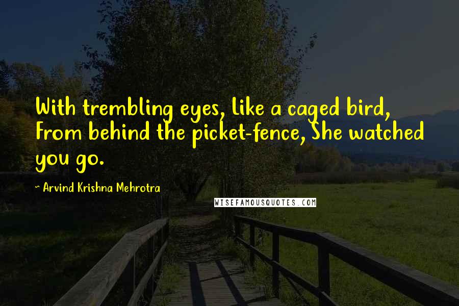 Arvind Krishna Mehrotra Quotes: With trembling eyes, Like a caged bird, From behind the picket-fence, She watched you go.