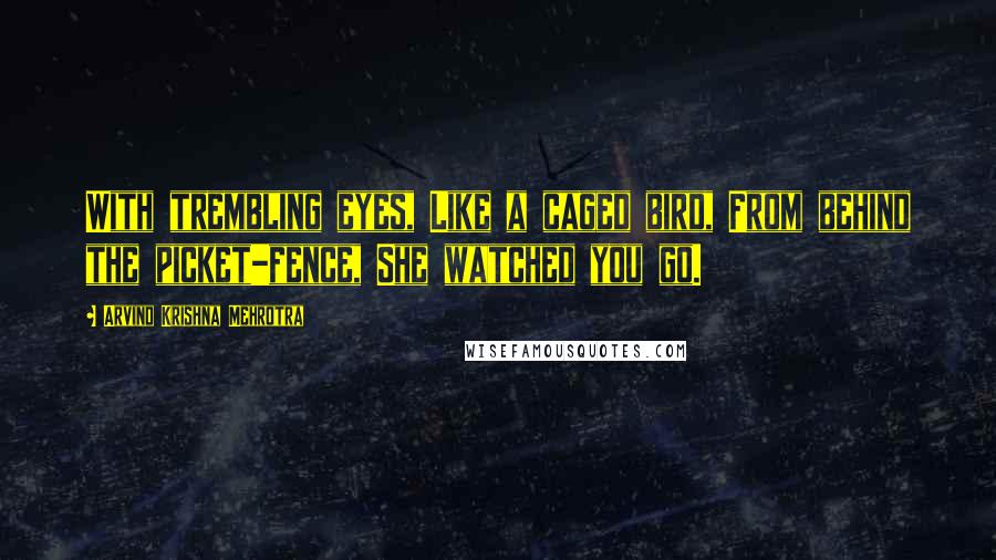 Arvind Krishna Mehrotra Quotes: With trembling eyes, Like a caged bird, From behind the picket-fence, She watched you go.