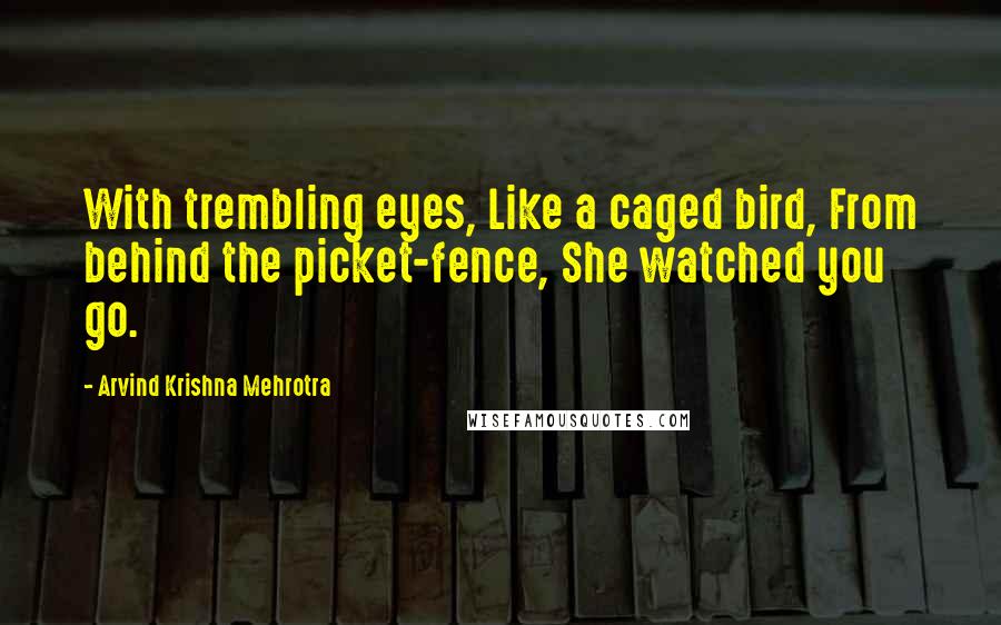 Arvind Krishna Mehrotra Quotes: With trembling eyes, Like a caged bird, From behind the picket-fence, She watched you go.