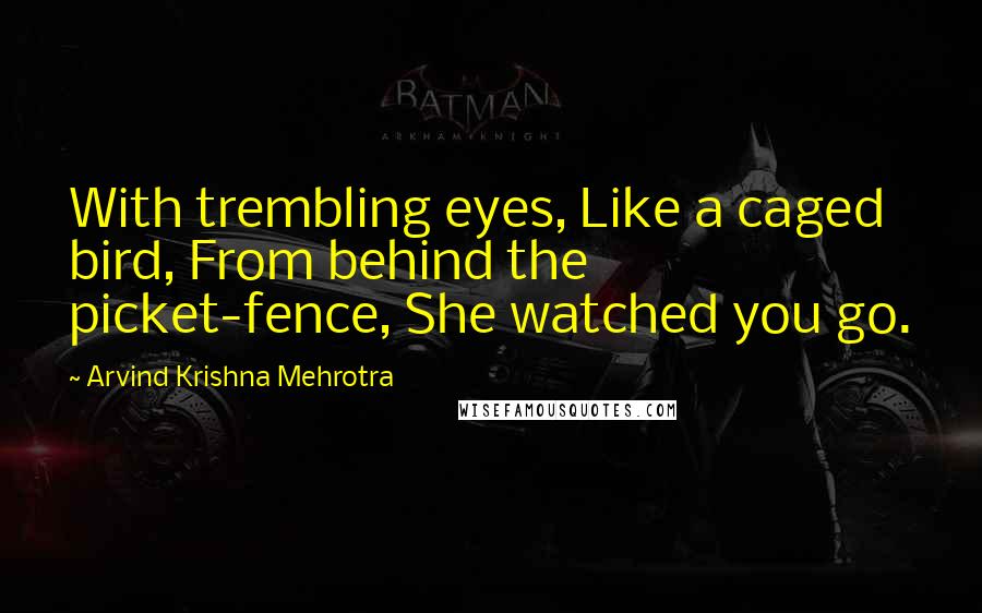 Arvind Krishna Mehrotra Quotes: With trembling eyes, Like a caged bird, From behind the picket-fence, She watched you go.