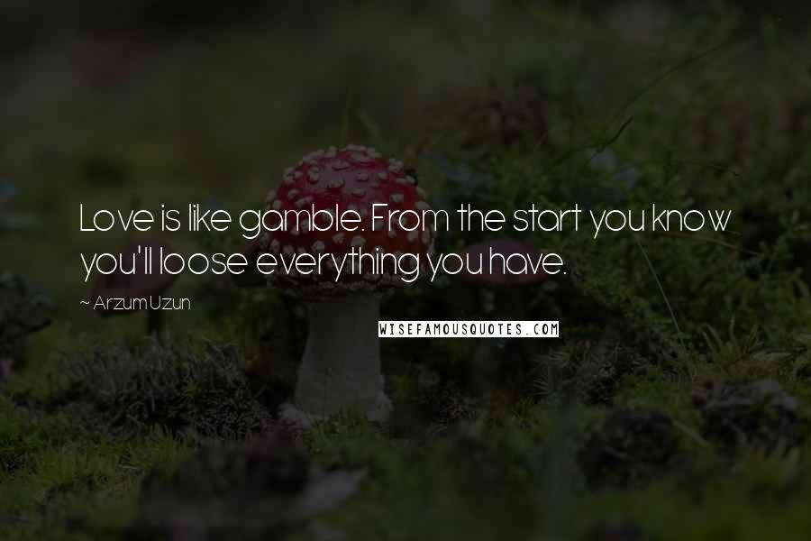 Arzum Uzun Quotes: Love is like gamble. From the start you know you'll loose everything you have.