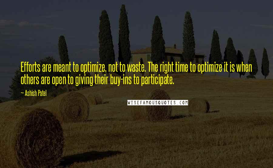 Ashish Patel Quotes: Efforts are meant to optimize, not to waste. The right time to optimize it is when others are open to giving their buy-ins to participate.