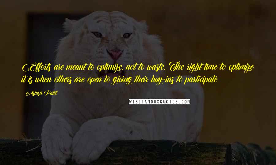 Ashish Patel Quotes: Efforts are meant to optimize, not to waste. The right time to optimize it is when others are open to giving their buy-ins to participate.