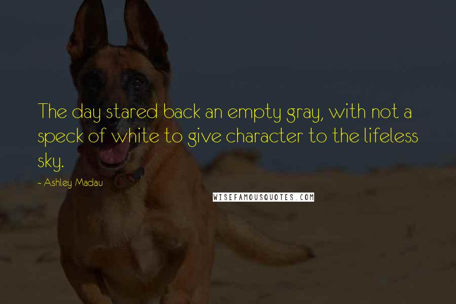 Ashley Madau Quotes: The day stared back an empty gray, with not a speck of white to give character to the lifeless sky.