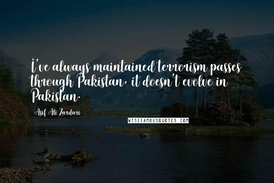 Asif Ali Zardari Quotes: I've always maintained terrorism passes through Pakistan, it doesn't evolve in Pakistan.
