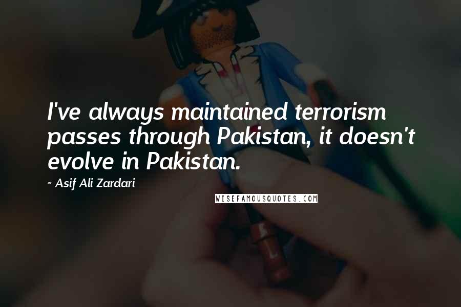 Asif Ali Zardari Quotes: I've always maintained terrorism passes through Pakistan, it doesn't evolve in Pakistan.