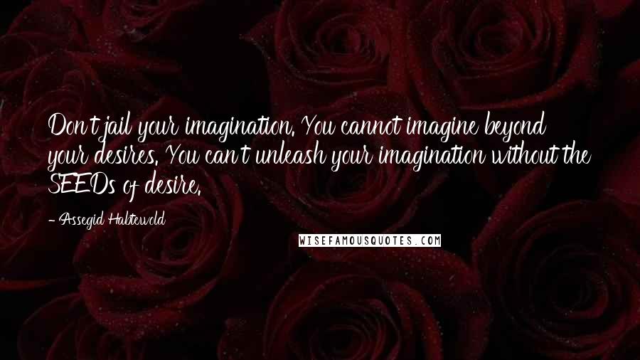 Assegid Habtewold Quotes: Don't jail your imagination. You cannot imagine beyond your desires. You can't unleash your imagination without the SEEDs of desire.