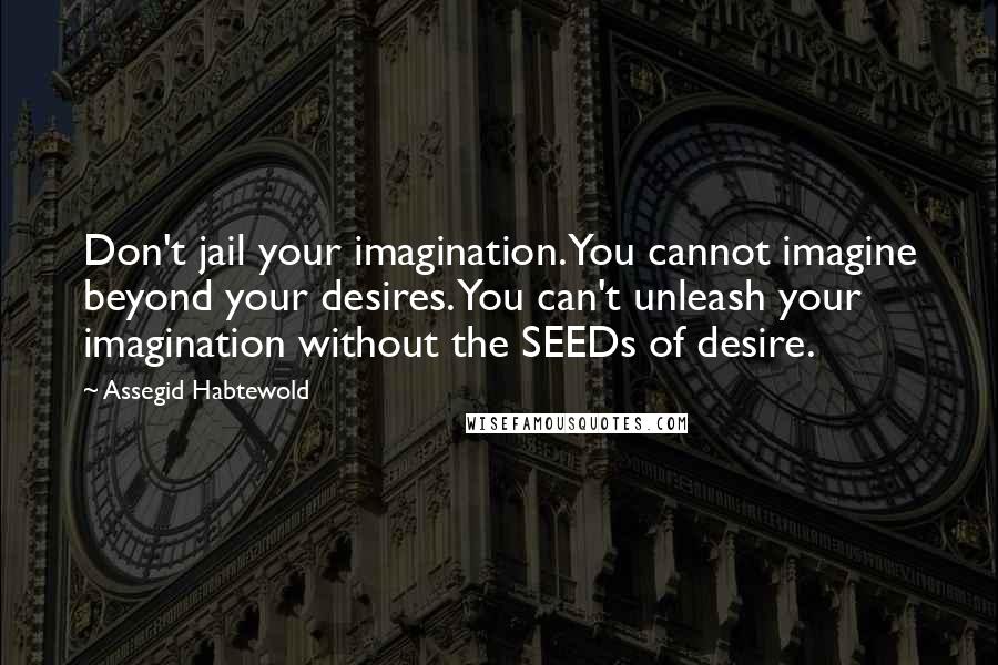 Assegid Habtewold Quotes: Don't jail your imagination. You cannot imagine beyond your desires. You can't unleash your imagination without the SEEDs of desire.