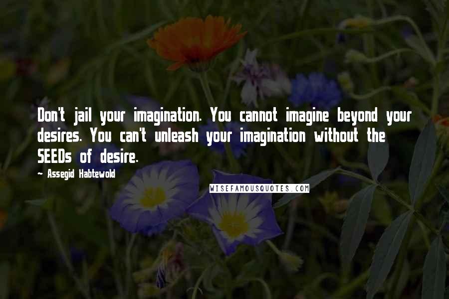 Assegid Habtewold Quotes: Don't jail your imagination. You cannot imagine beyond your desires. You can't unleash your imagination without the SEEDs of desire.