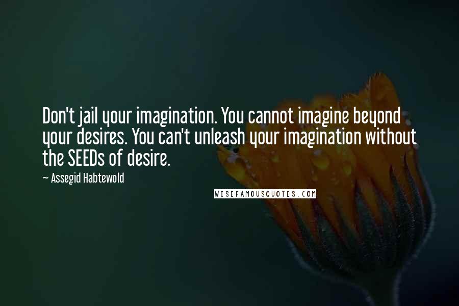 Assegid Habtewold Quotes: Don't jail your imagination. You cannot imagine beyond your desires. You can't unleash your imagination without the SEEDs of desire.