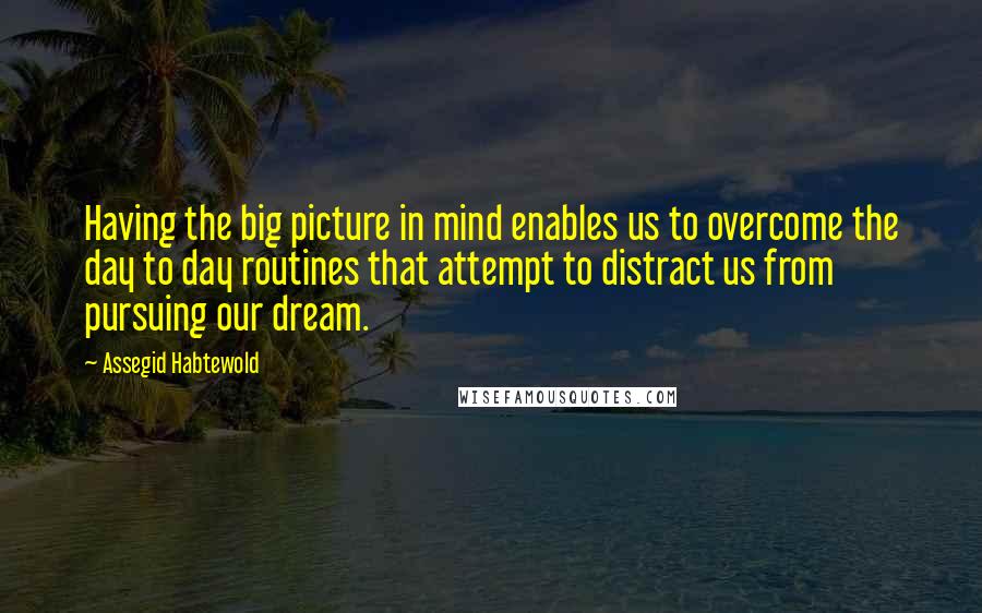 Assegid Habtewold Quotes: Having the big picture in mind enables us to overcome the day to day routines that attempt to distract us from pursuing our dream.