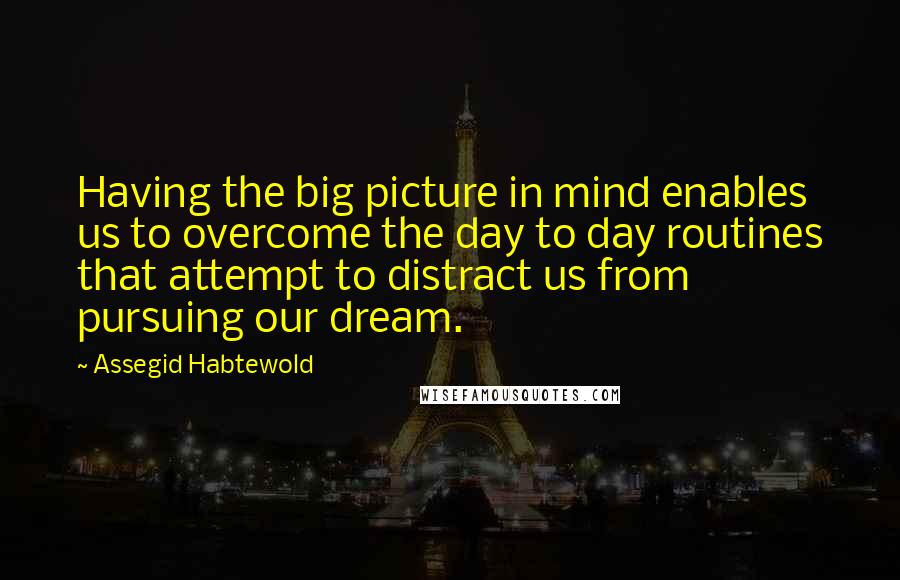 Assegid Habtewold Quotes: Having the big picture in mind enables us to overcome the day to day routines that attempt to distract us from pursuing our dream.