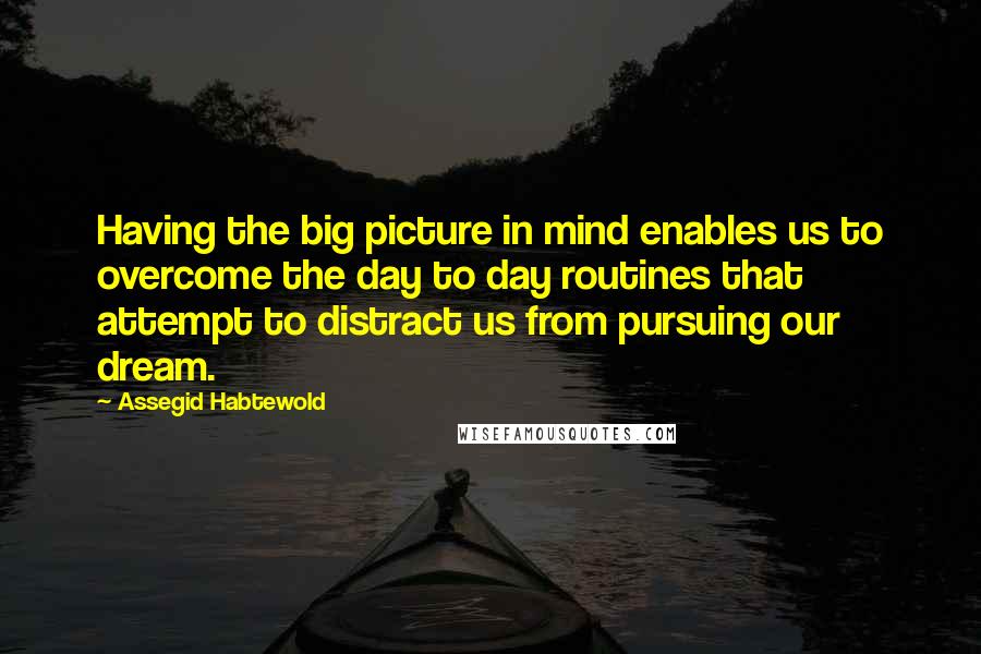 Assegid Habtewold Quotes: Having the big picture in mind enables us to overcome the day to day routines that attempt to distract us from pursuing our dream.