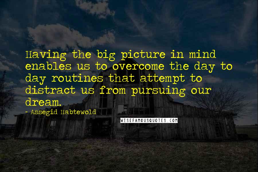 Assegid Habtewold Quotes: Having the big picture in mind enables us to overcome the day to day routines that attempt to distract us from pursuing our dream.