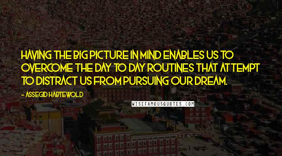 Assegid Habtewold Quotes: Having the big picture in mind enables us to overcome the day to day routines that attempt to distract us from pursuing our dream.