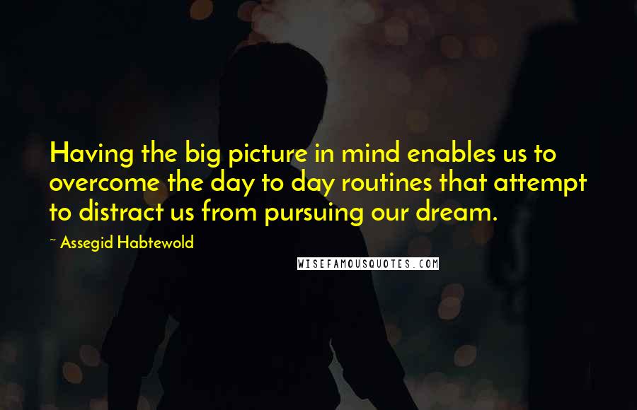 Assegid Habtewold Quotes: Having the big picture in mind enables us to overcome the day to day routines that attempt to distract us from pursuing our dream.