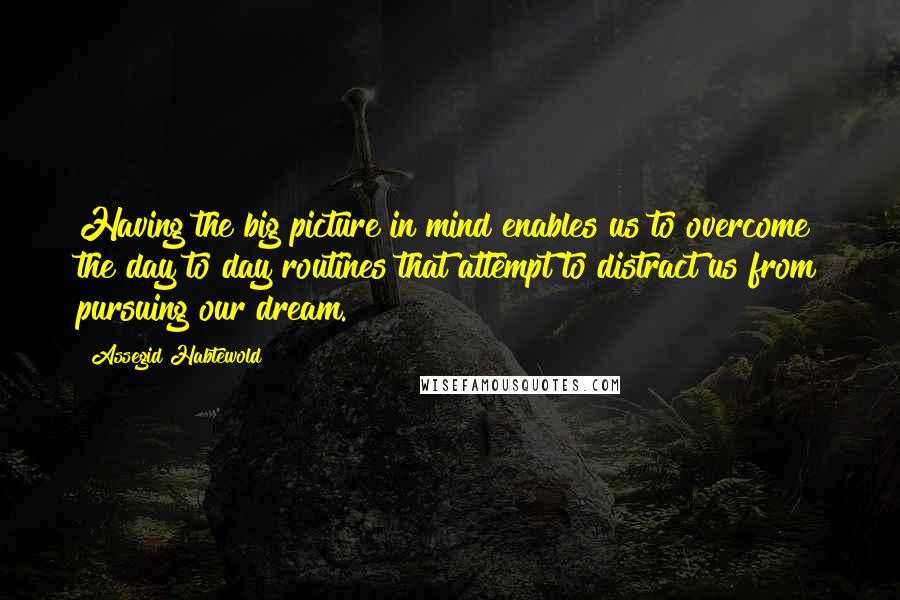 Assegid Habtewold Quotes: Having the big picture in mind enables us to overcome the day to day routines that attempt to distract us from pursuing our dream.