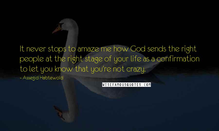 Assegid Habtewold Quotes: It never stops to amaze me how God sends the right people at the right stage of your life as a confirmation to let you know that you're not crazy.